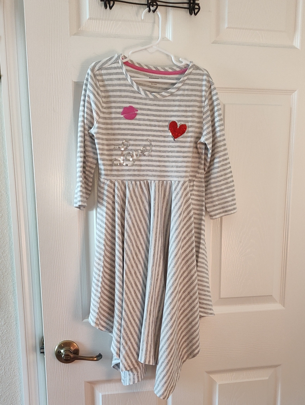 Gymboree Gray & White Striped Dress with Red Heart and Pink Lip Appliqués